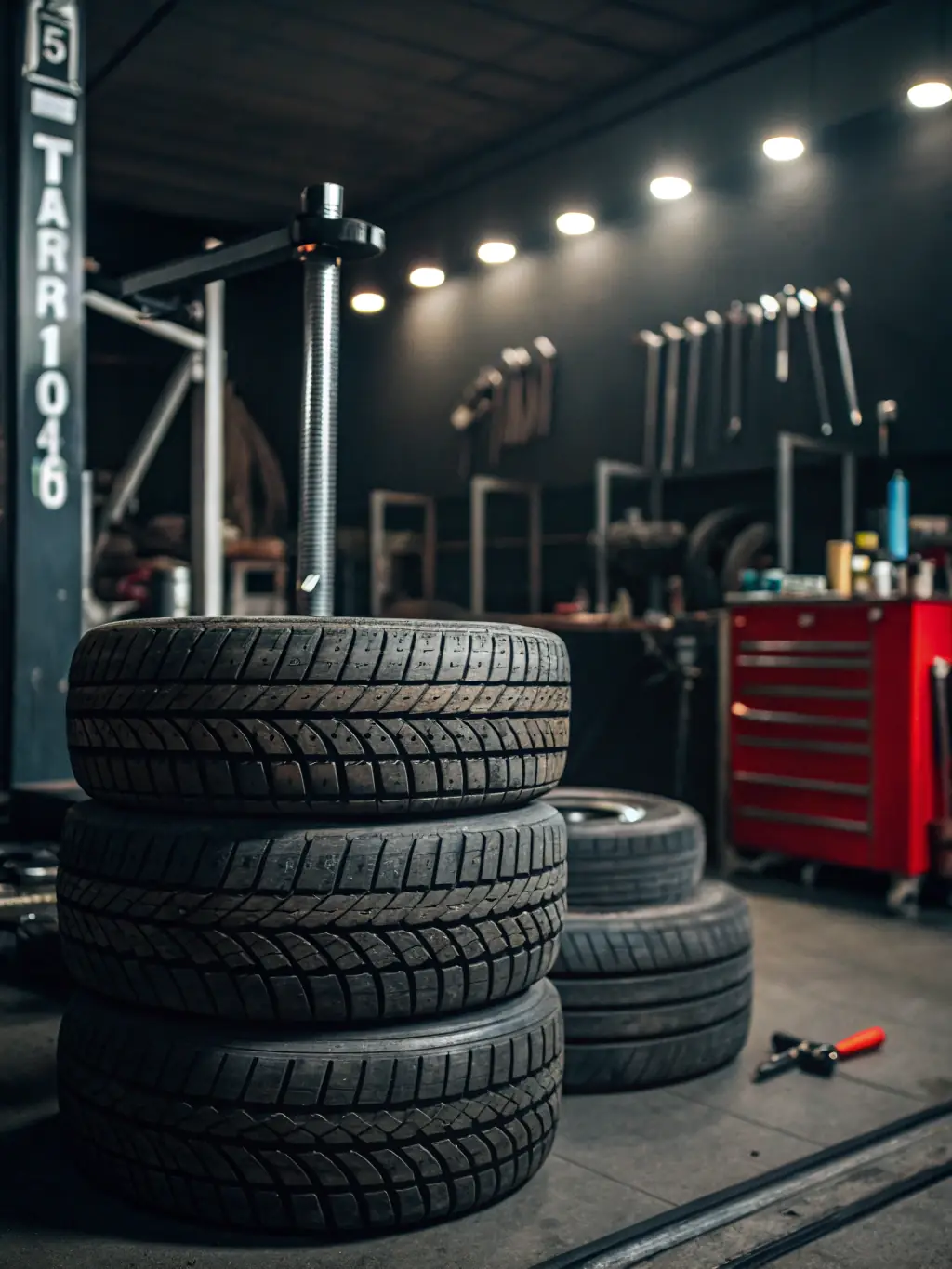 A tire shop with a wide selection of tires and technicians installing new tires on a vehicle, highlighting tire services and expertise.
