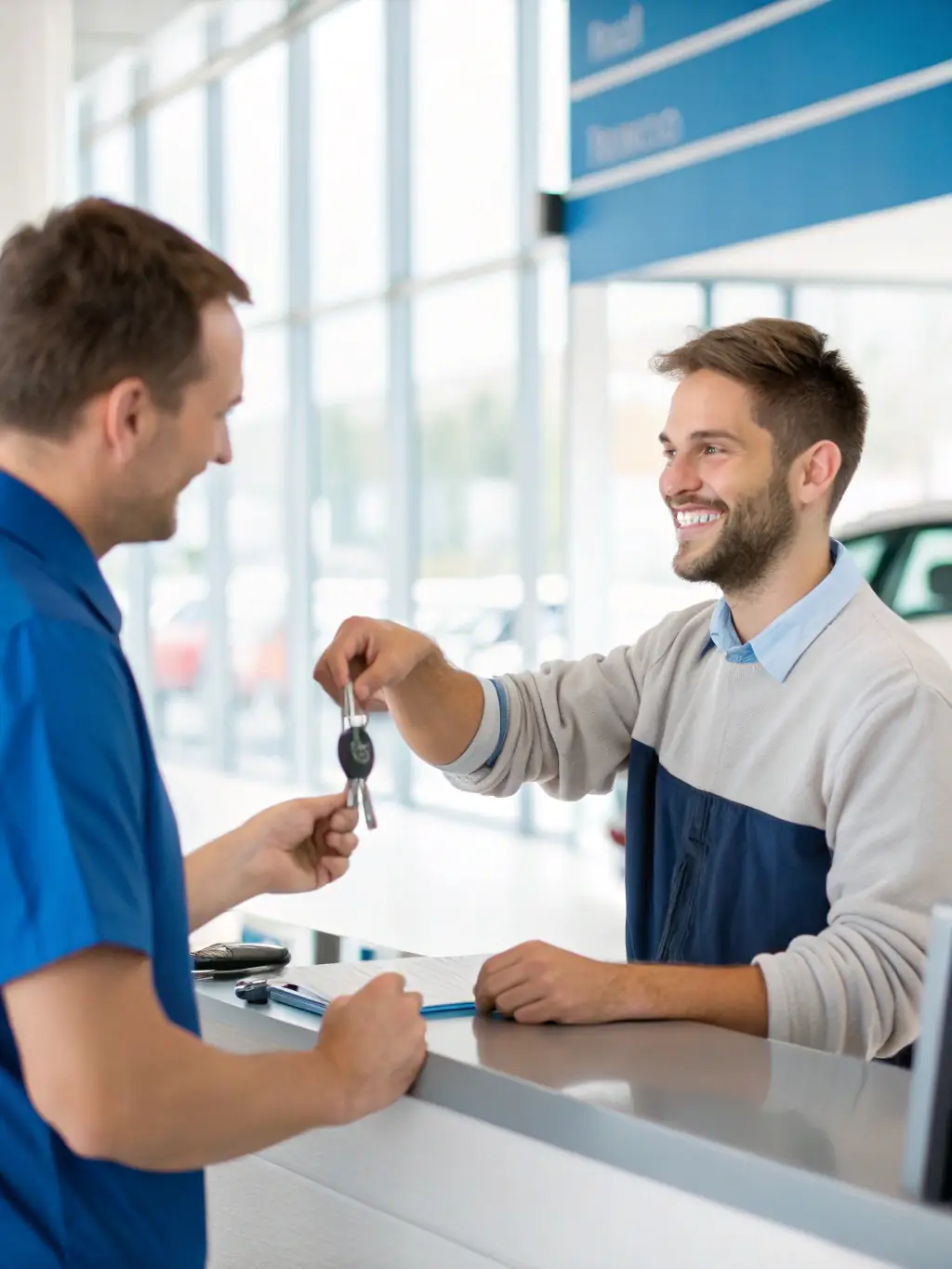 A customer happily interacting with a service advisor at a repair shop, emphasizing clear communication and trust.
