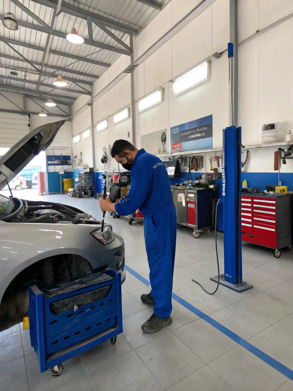 A clean and organized auto repair shop with several bays and mechanics working on different vehicles, showcasing a professional environment.