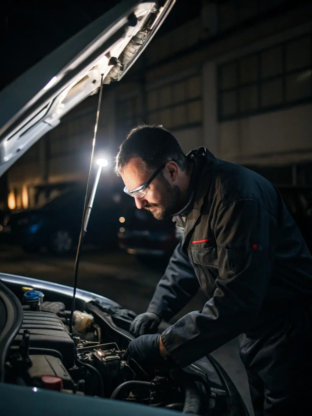 A close-up shot of a mechanic's hands using a diagnostic tool on a car engine in a well-lit repair shop, symbolizing the initial assessment process.