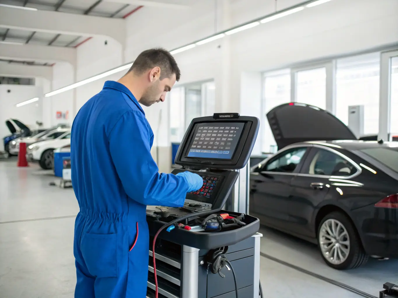 A technician using diagnostic equipment to identify a problem with a car's engine. The image should highlight the use of technology in modern automotive repair.