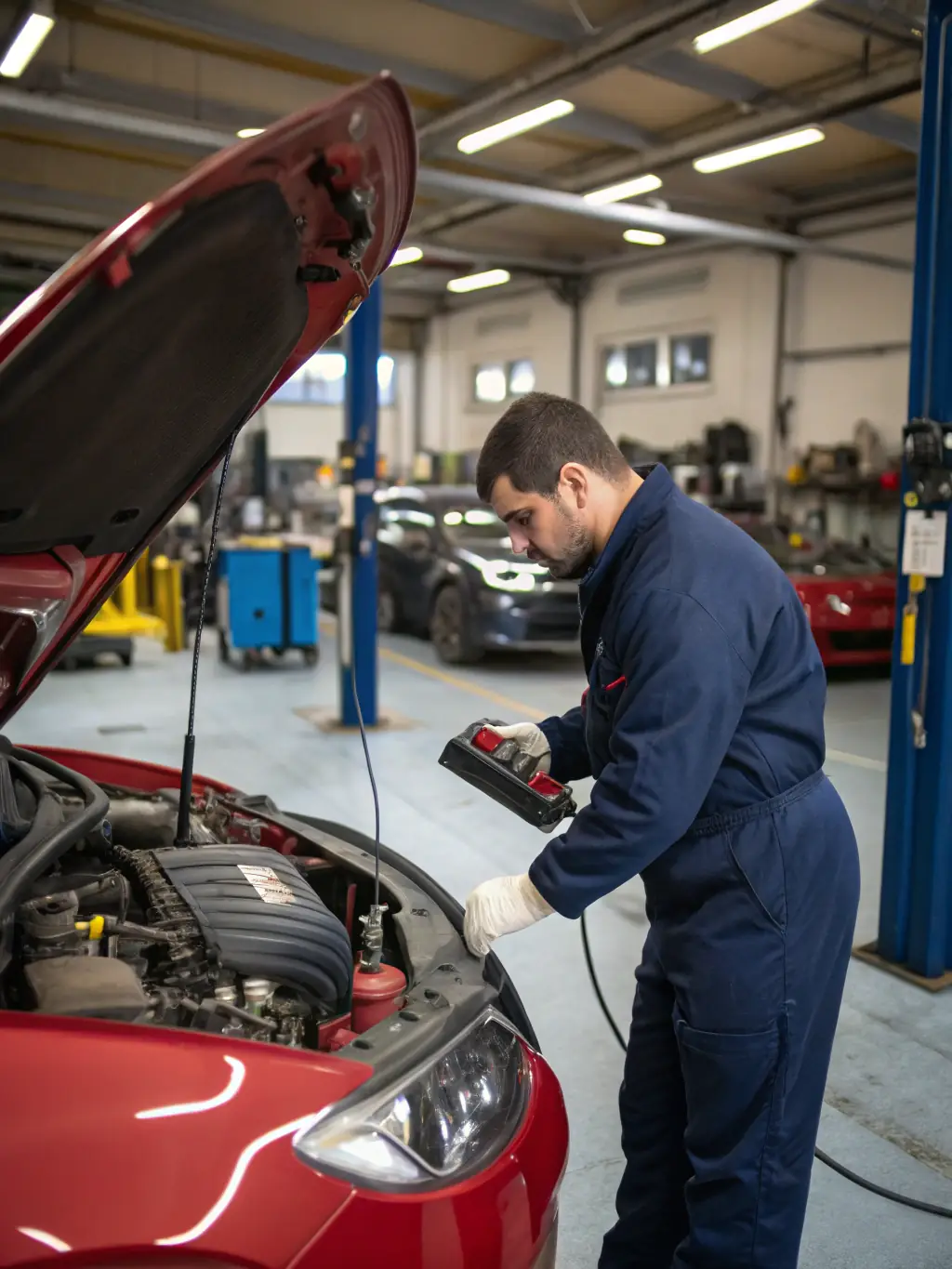 A well-equipped auto repair shop with a focus on engine diagnostics and repair, featuring advanced tools and experienced mechanics.