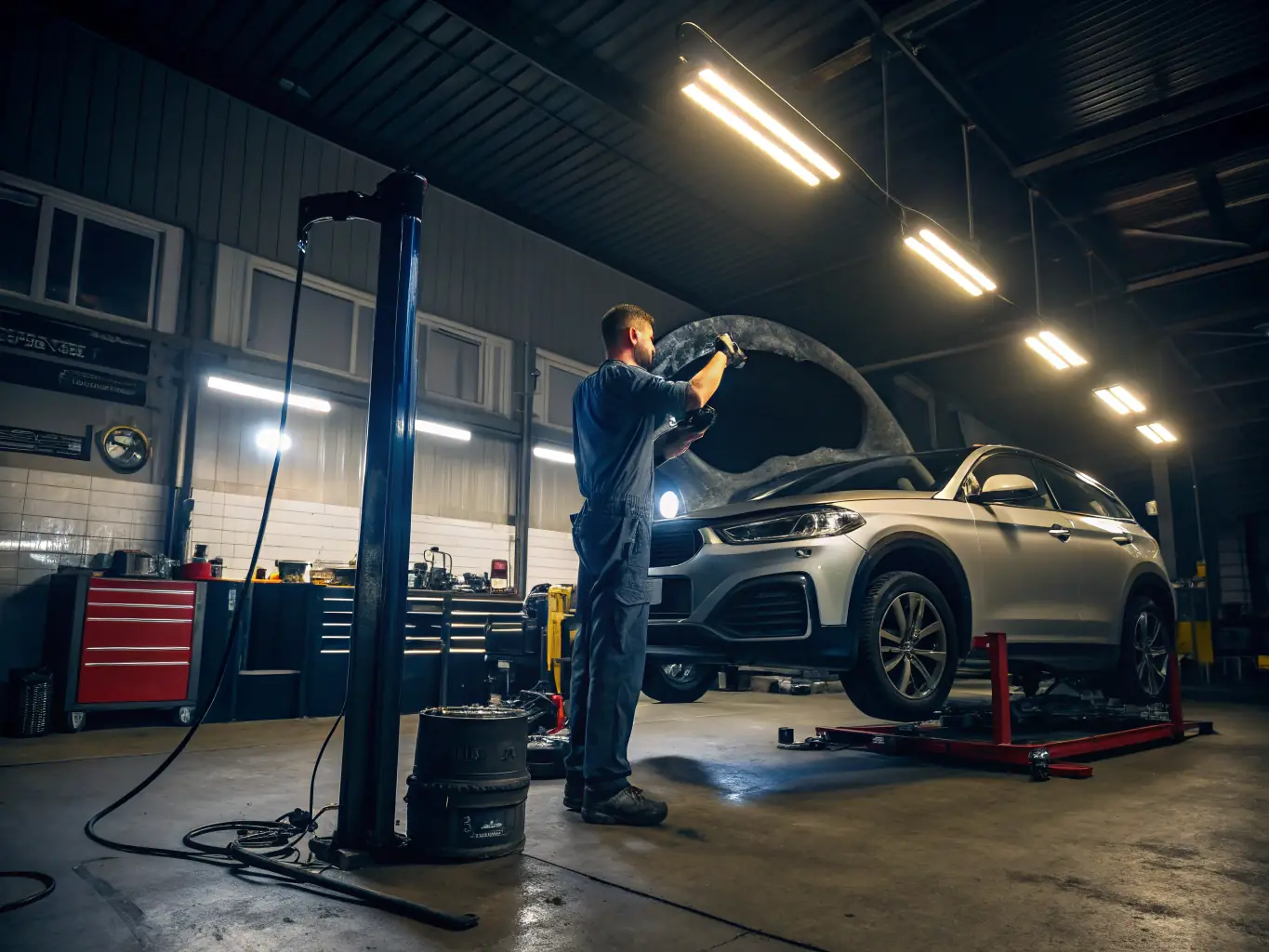 A mechanic performing a routine oil change on a car in a well-equipped service bay. The scene should convey professionalism and attention to detail.