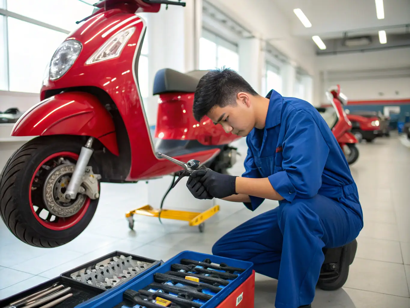 A mechanic replacing worn brake pads on a car. The image should emphasize safety and quality workmanship.